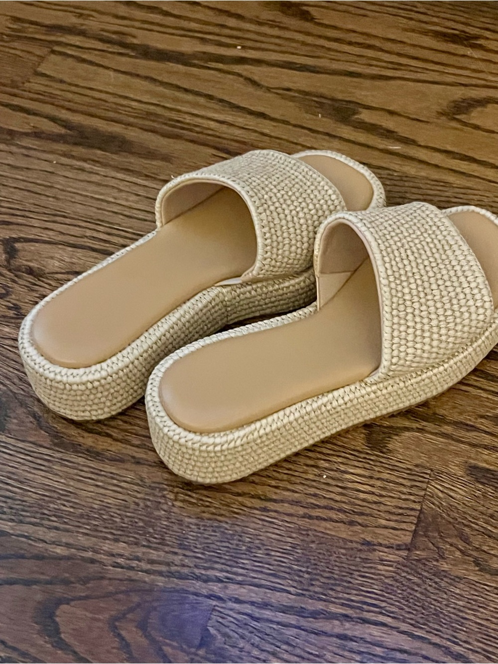 Beige Woven Platform Slide Sandals -
